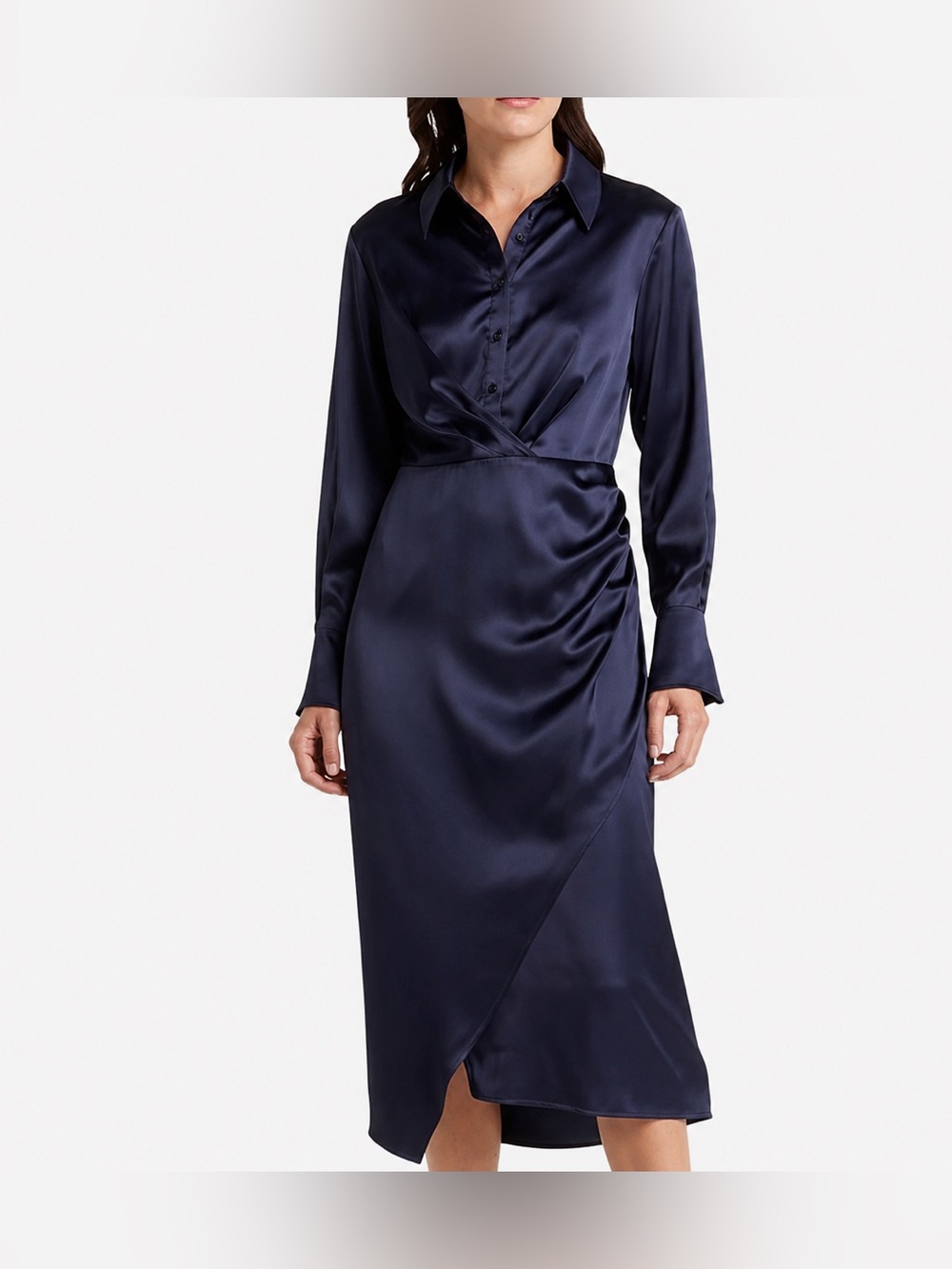 Mila Mae Navy Satin Wrap Midi Dress Long Sleeve Collared Size XL